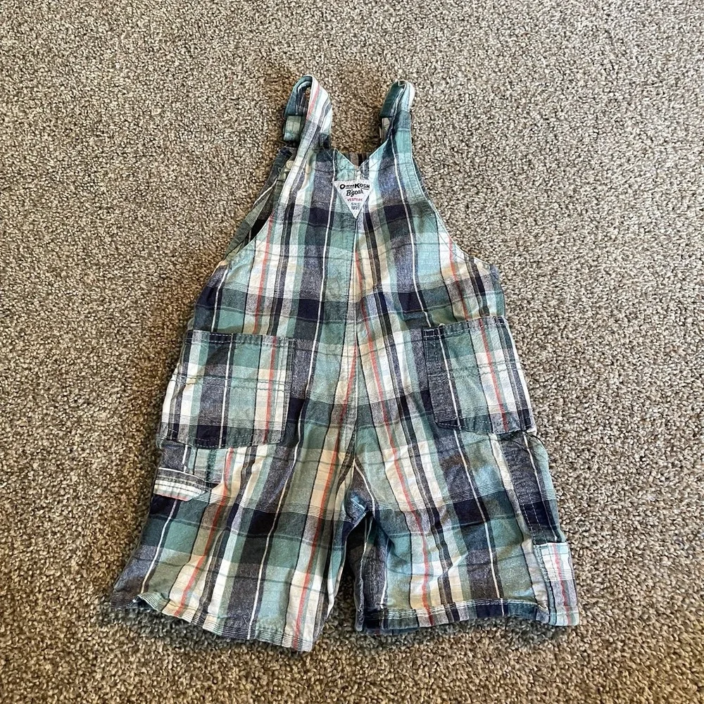 OshKosh Boys Overall Shorts Size 24m Baby‎ Green Blue Plaid VestBak Cotton